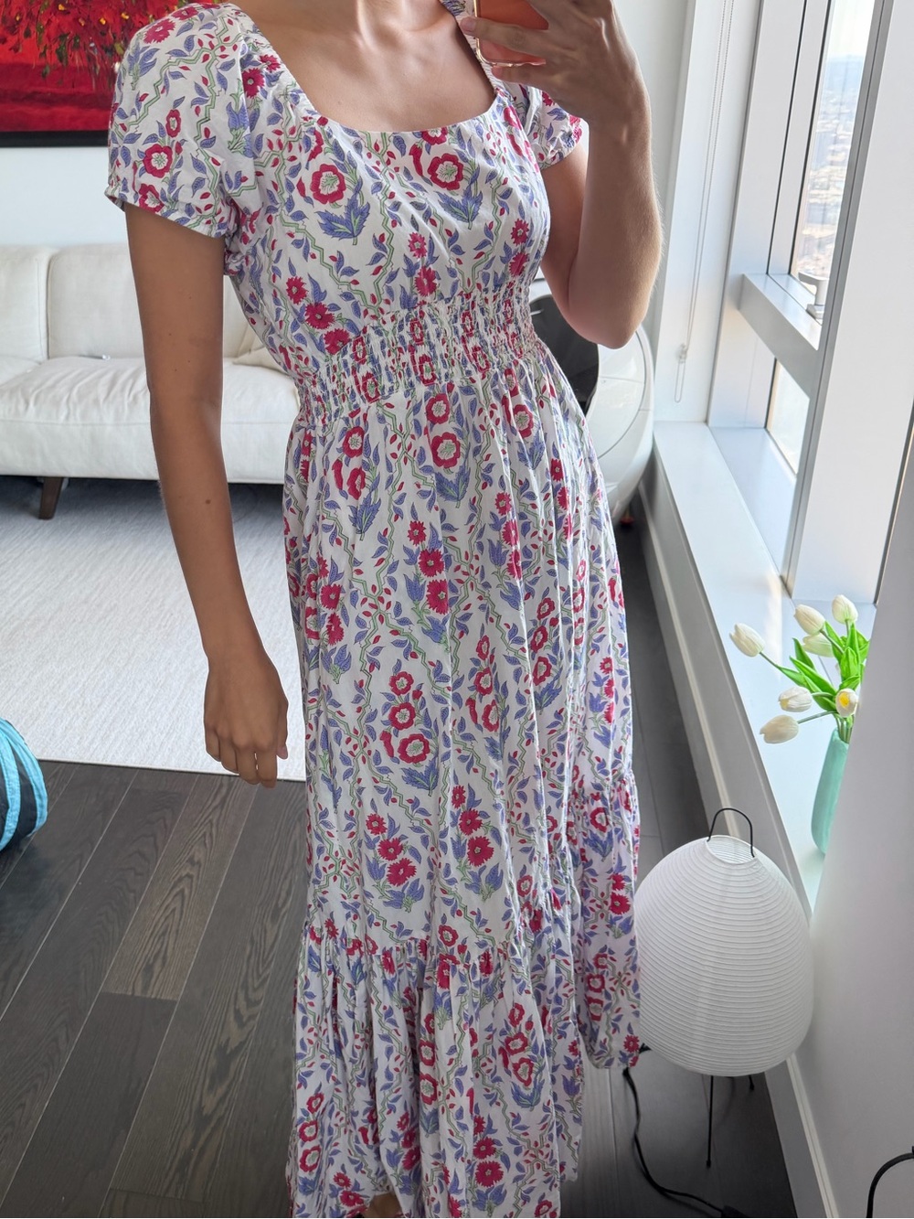 Roller Rabbit Floral Smocked Puff Sleeve Maxi Dress White Pink Blue Cotton Size